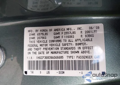 2009 Honda Accord 3.5 Ex-L from USA, damaged, VIN 1HGCP36839A046485